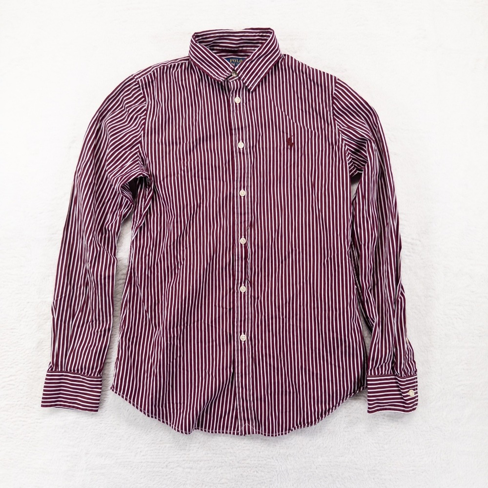 Polo Ralph Lauren Shirt Womens 8 Burgundy White Striped Button Down Custom Fit